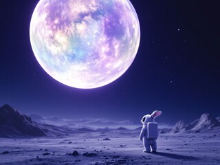 Wall Mural - Astronaut rabbit gazing at a giant moon in alien landscape.