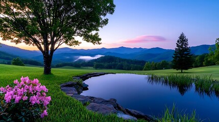 Canvas Print - Serene Mountain Landscape at Sunrise with Tranquil Pond