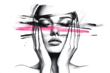 Poster - A clean line drawing of a person hiding their face behind their hands, with faint pink lines radiating out to indicate blushing, on a white background