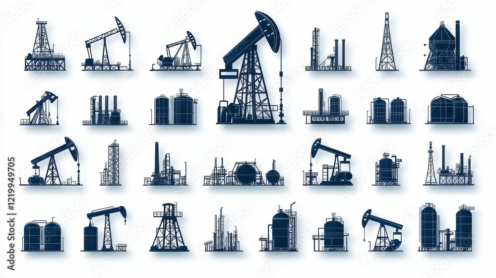Ilustración de Stock Oil industry vector silhouette icons for depicting ...