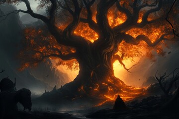 Poster - A fantasy depiction of a glowing tree of life surrounded by mythical creatures, with a person kneeling in gratitude beneath its radiant branches, bathed in ethereal light
