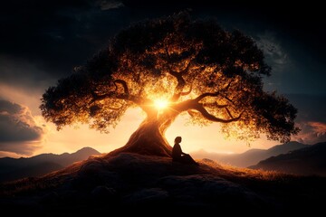 Poster - A fantasy depiction of a glowing tree of life surrounded by mythical creatures, with a person kneeling in gratitude beneath its radiant branches, bathed in ethereal light
