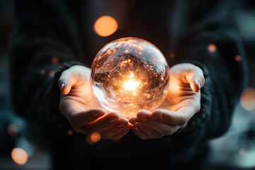 Poster - A flat 2D drawing of hands holding a glowing orb, with warm hues emanating from the light source, symbolizing gratitude and hope