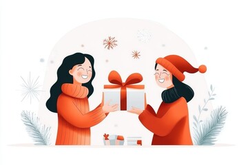 Poster - A flat 2D illustration of two people exchanging gifts, with radiant smiles and glowing symbols of gratitude floating around them, drawn in soft pastel tones on a white canvas