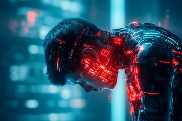 Poster - A futuristic scene of a person standing in a glowing holographic chamber, their head bowed as digital symbols of failure and shame hover around them in the air