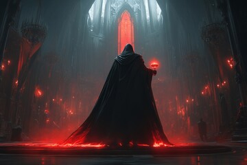 Poster - A gothic depiction of a vampire standing in a grand hall, proudly holding a chalice of glowing red liquid, with dark chandeliers and eerie shadows in the background