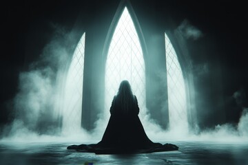 Poster - A gothic scene of a person kneeling before a towering altar, with faint light streaming through stained glass windows, their hands clasped in deep gratitude