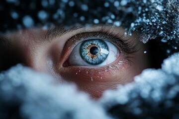 Poster - A hyper-realistic close-up of a person face frozen in shock, their mouth slightly open and their eyes wide, with fine details of their skin and glistening eyes captured in dramatic lighting