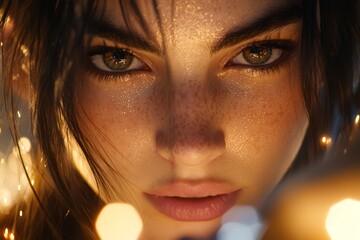 Poster - A hyper-realistic close-up of a person face, their brows furrowed and lips slightly parted as they stare at a perplexing object in their hand, with visible pores and fine lighting details