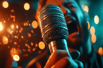 Poster - A hyper-realistic close-up of a person trembling hand holding a microphone, with every bead of sweat and detail of the grip captured vividly, the background blurred to emphasize their nervousness