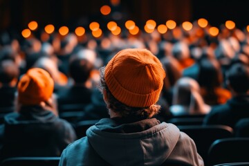 A person blushing furiously as they try to fit through a crowded row of theater seats, stepping on toes and apologizing repeatedly