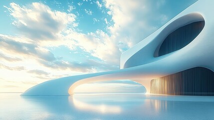 Poster - Futuristic Urban Minimalist Architecture with Car Park and Concrete Floor under Blue Sky