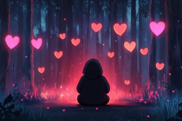 Poster - A pixel art depiction of a small character kneeling in a lush pixelated forest, surrounded by glowing pixel hearts floating around them to symbolize thankfulness