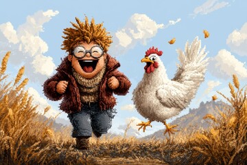Poster - A pixel art depiction of a small character laughing as they chase after a playful chicken in a colorful, pixelated farmyard setting, with animated laughter lines