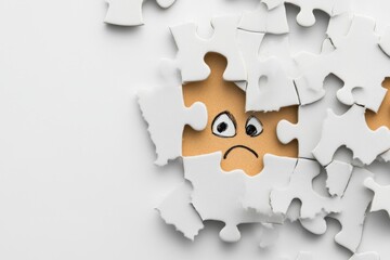 Poster - A simple depiction of a puzzle piece that doesnâ€™t fit, with a confused face drawn on the piece itself, set against a white background