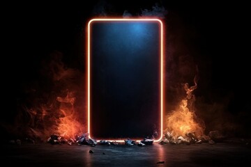Poster - Glowing neon frame with fire effects on a dark background creating a striking visual contrast
