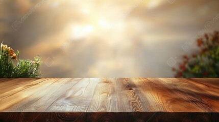 Aufkleber - Wooden Kitchen Countertop Table with Warm Light and Minimalist Design for Eco-Friendly Products Display