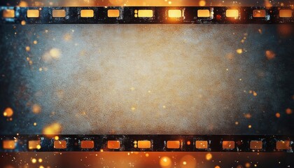 Poster - Vintage Film Strip Texture Grainy Background with Bokeh Lights Warm Ambient Light and Blank Space