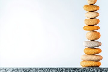 Poster - Stack of smooth stones arranged on a clean white background for artistic and tranquil composition