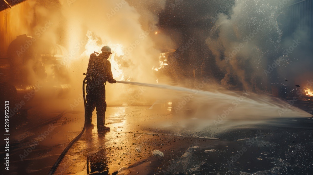 Firefighters spray high-pressure water and twirl mist extinguishers to ...