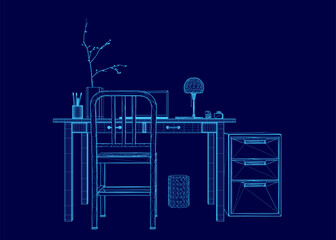 Poster - the image is a blue drawing of a desk with a chair and a computer. the desk has a drawer and a vase 