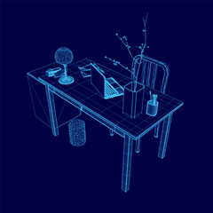 Poster - Blue computer desk with a laptop, a vase, a bowl, a cup, a book, a mouse, and a keyboard