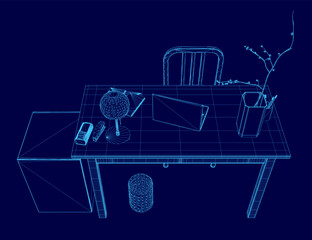 Poster - blue drawing of a desk with a chair and a lamp. the desk is cluttered with various items such as a c