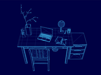 Poster - Computer desk with a laptop, a vase, a lamp, and a book. The vase is placed on the left side of the desk