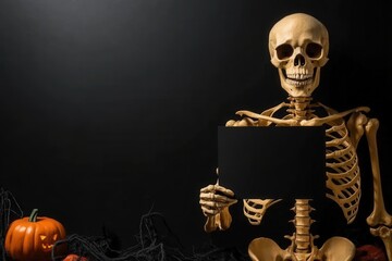 Poster - Skeleton holding a tablet in a dark room with a glowing screen illustrating digital interaction
