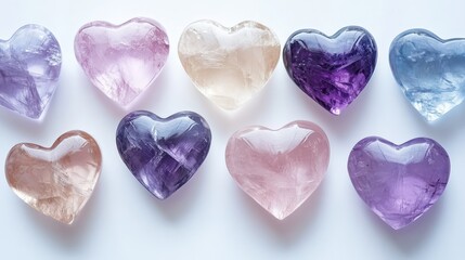 Wall Mural - colorful heart-shaped crystals in a row on a white background