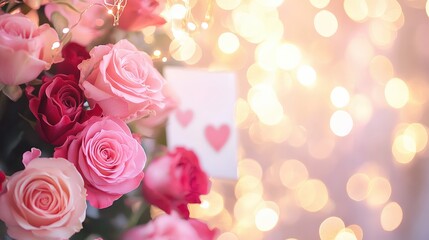 Wall Mural - romantic pink and red roses with blurred fairy lights background
