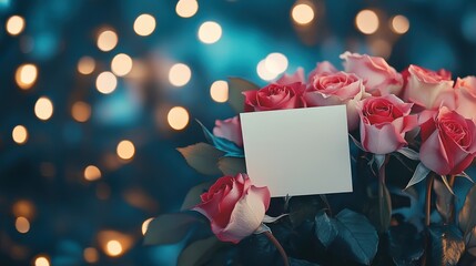 Wall Mural - romantic bouquet of pink roses with blank card on bokeh background