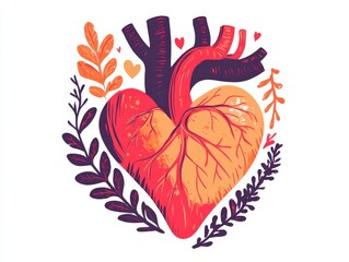 Wall Mural - Colorful Heart Illustration Surrounded by Leaves and Flowers