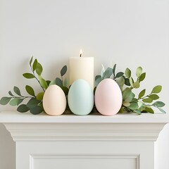 Sticker - Easter decorations pastel concept. Pastel Easter eggs and candle surrounded by greenery on a mantel.