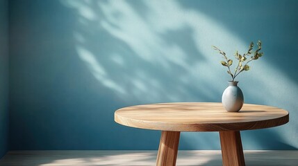 Poster - Round Wooden Table Minimalist Still Life with Soft Blue Wall and Dramatic Lighting