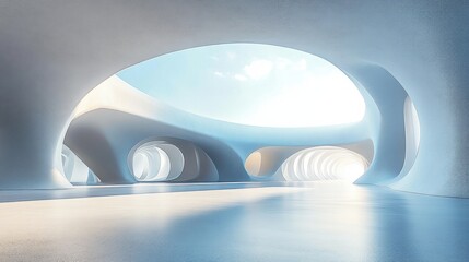 Poster - Modern Abstract Futuristic Architecture with Smooth White Curves and Bright Natural Lighting in a Minimalist Car Park Scene