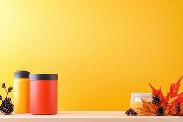 Poster - Yellow wall with red and yellow canisters and a green pine branch decoration