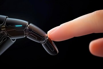 Poster - Person touching a humanoid robot with their finger in a modern technology setting