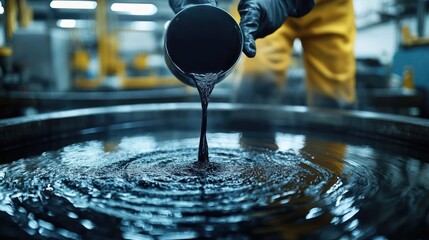 Close-up of crude oil inspection in refinery with workers and machinery in background