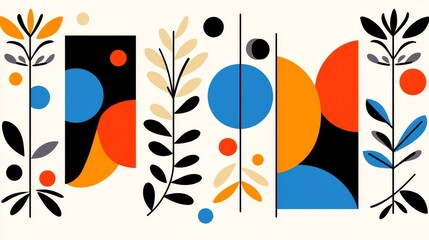 Poster - Abstract Geometric Floral Composition with Circles and Plants