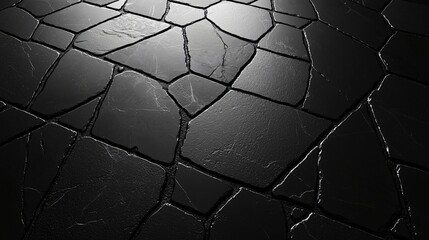 Wall Mural - Dark floor tiles, irregular shaped, forming a pattern, light reflections, no people