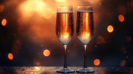 Wall Mural - Elegant champagne flutes sparkling bubbles warm fairy lights festive celebration night