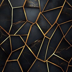 Poster - Luxury Golden Geometric Abstract Mosaic Marble Patterned Wallpaper Background with Dark Polygonal Faceted Shapes and Metallic Accents