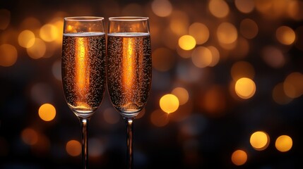 Wall Mural - Elegant champagne flutes filled with bubbly against a blurred background of golden lights