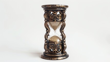 An ornate hourglass with gold accents on a white background.