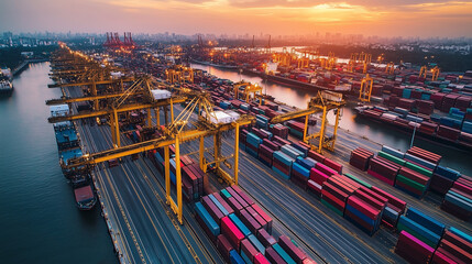 Wall Mural - Aerial View of a Busy Cargo Port at Sunset