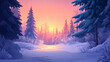© Thiago - Serene snow covered forest glade at sunset, with warm light illuminating trees. Frosted Glade. Illustration