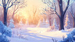 © Thiago - Serene snow covered forest glade at sunset, with warm light illuminating trees. Frosted Glade. Illustration