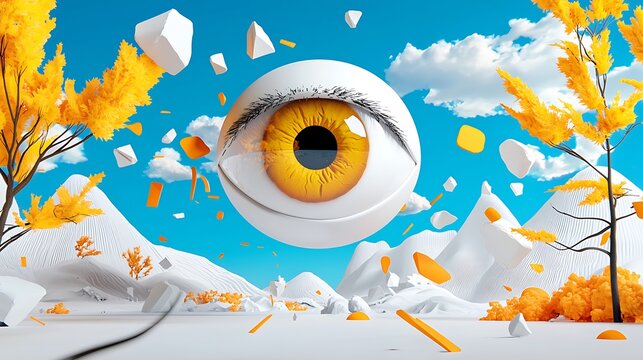 Surreal Landscape with a Giant Floating Eye and Autumnal Trees