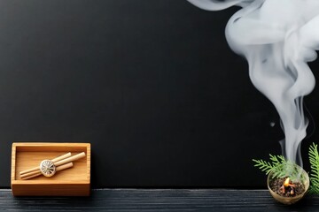 Poster - Wooden box with smoke stick on top in natural light setting for artistic display